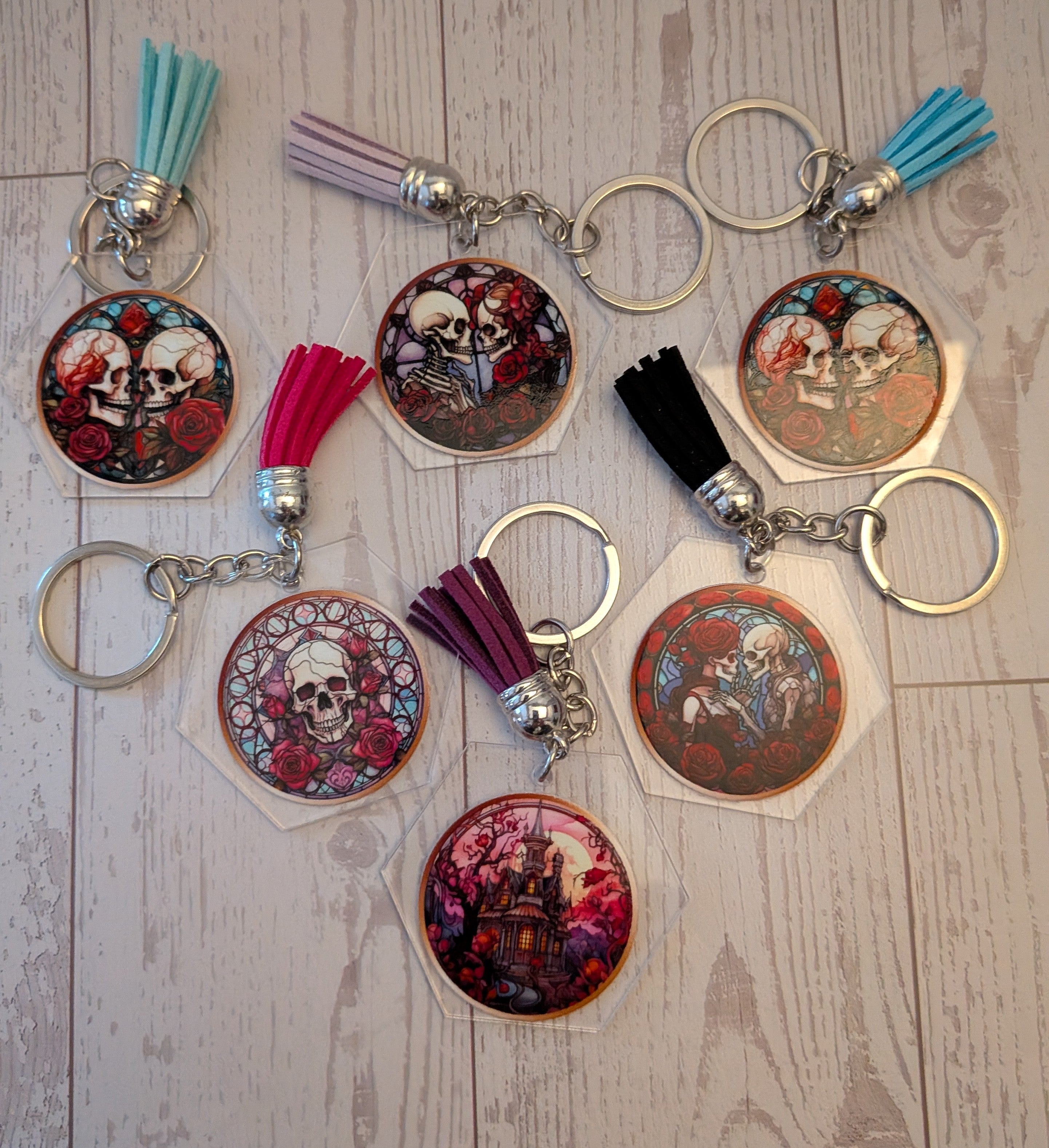 Goth stained glass acrylic keychain with suede tassel