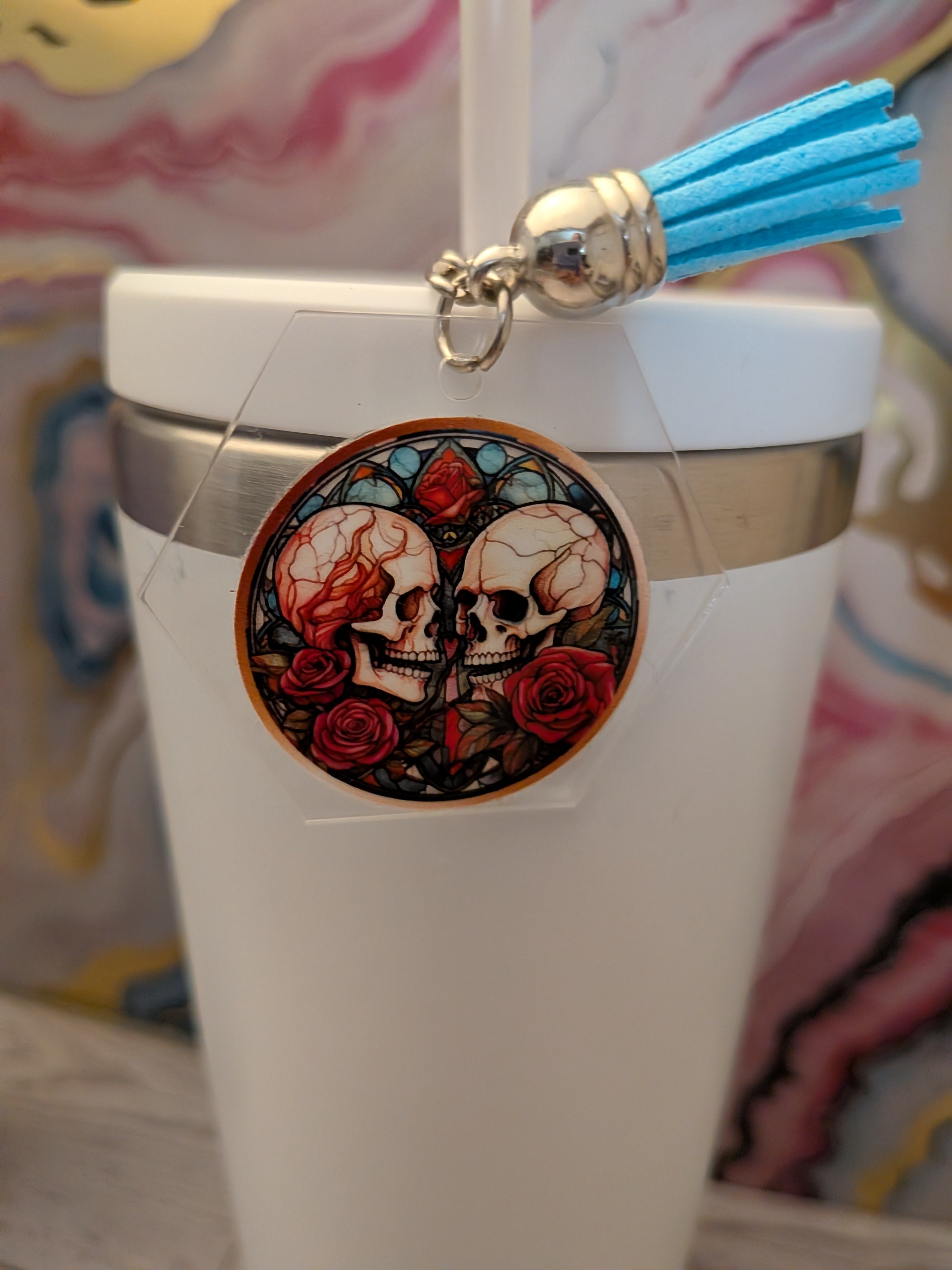Goth stained glass acrylic keychain with suede tassel