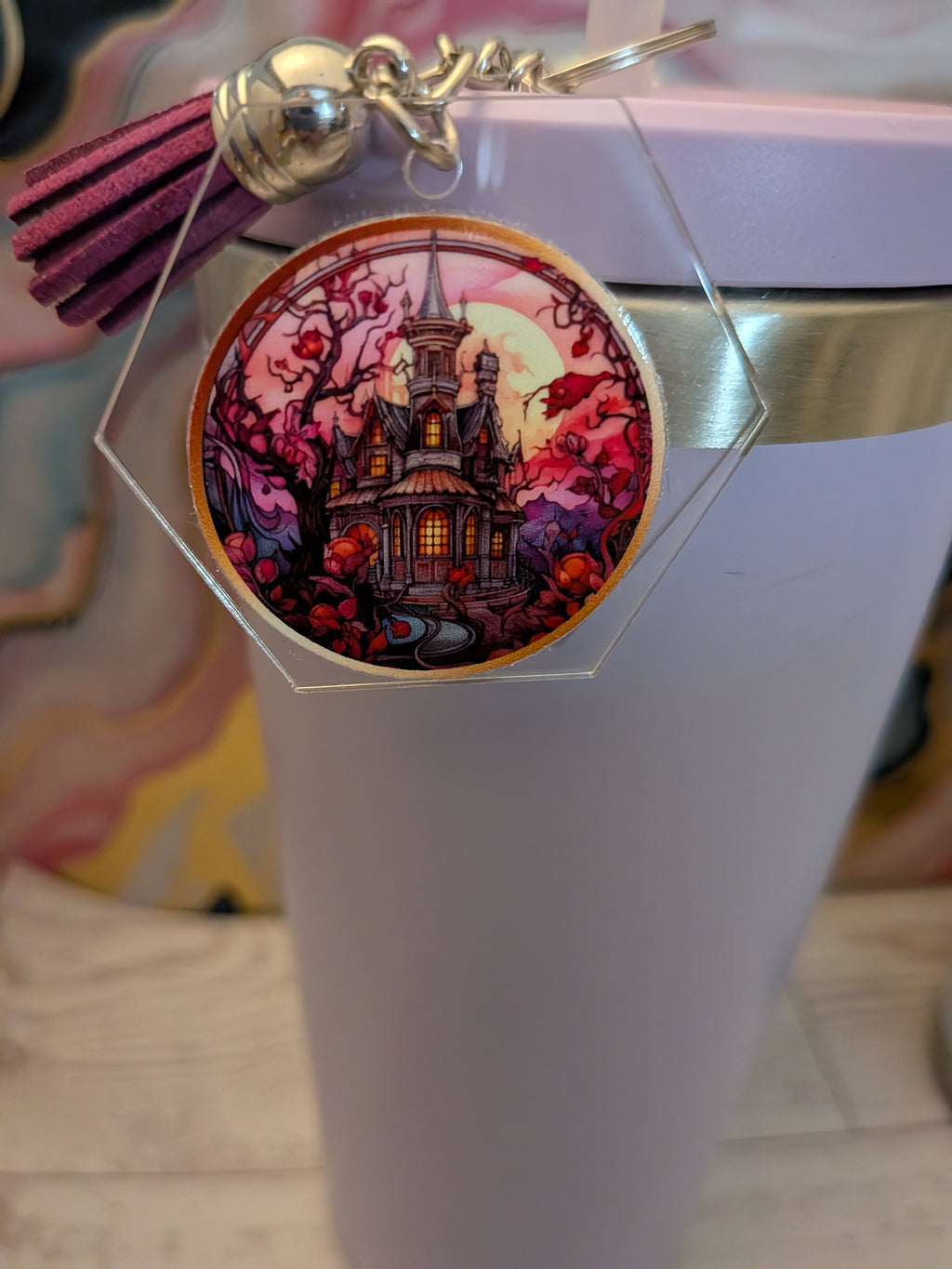 Goth stained glass acrylic keychain with suede tassel
