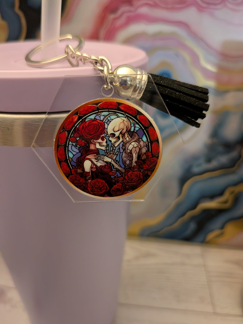Goth stained glass acrylic keychain with suede tassel