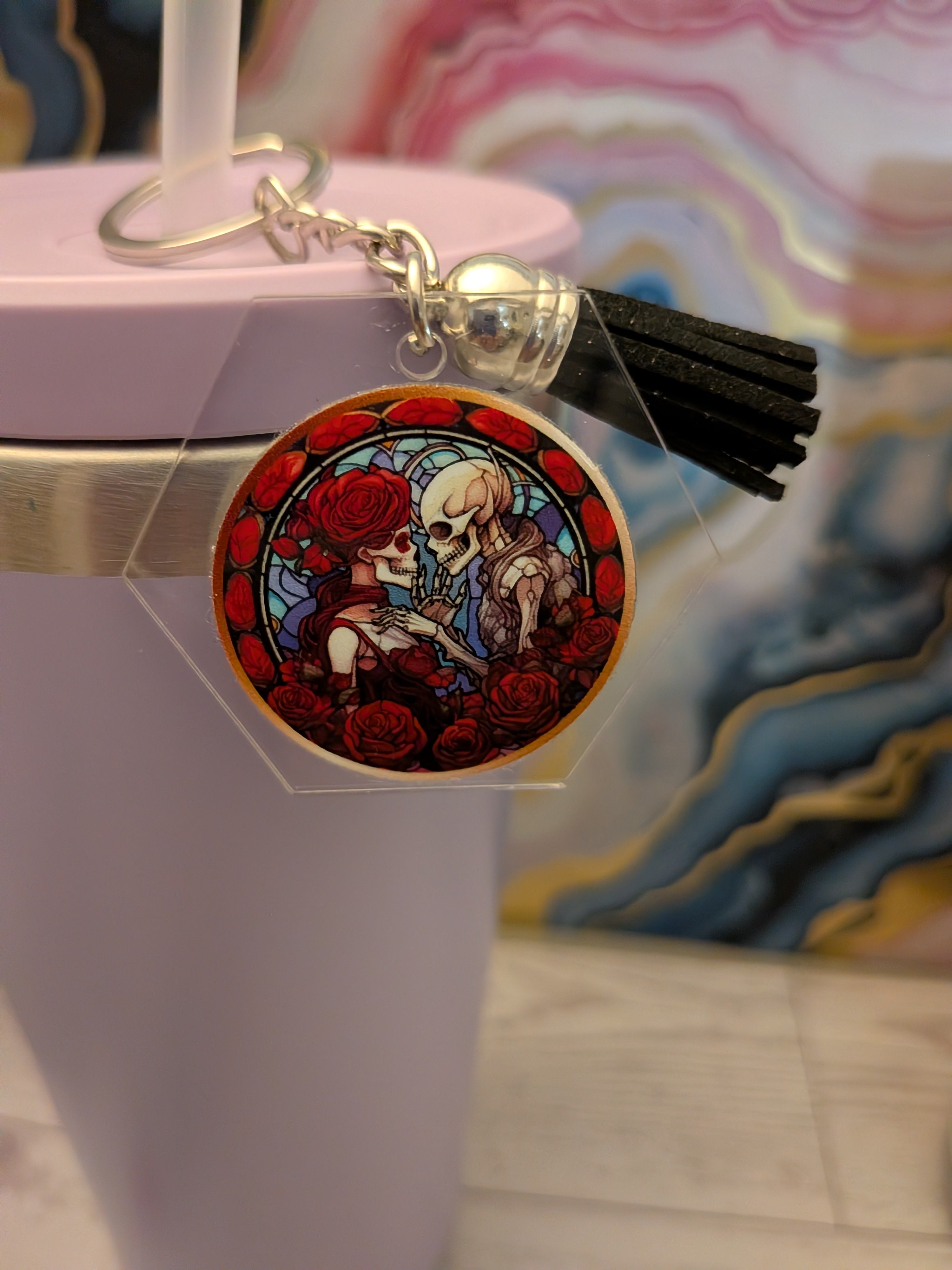 Goth stained glass acrylic keychain with suede tassel