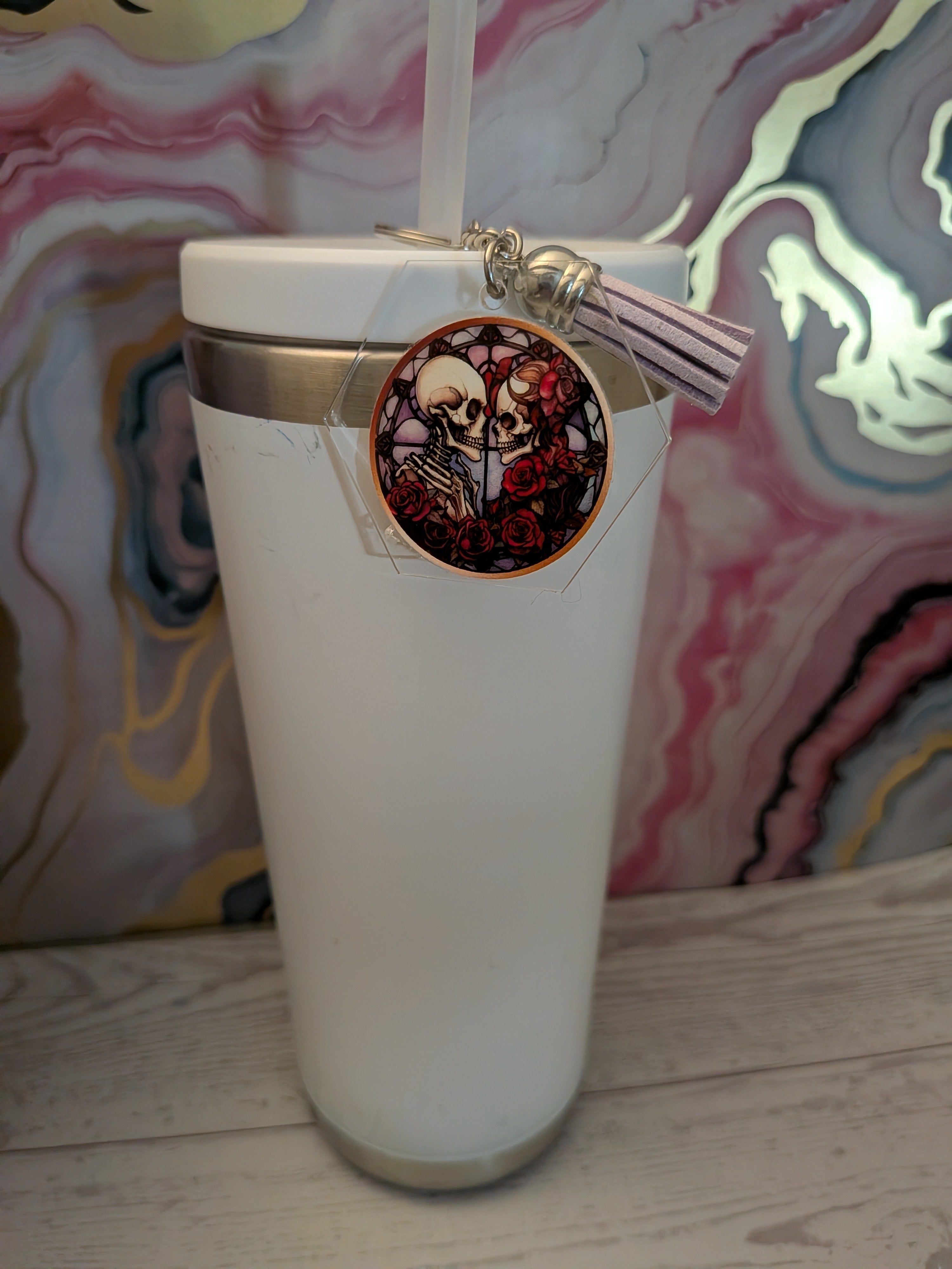 Goth stained glass acrylic keychain with suede tassel
