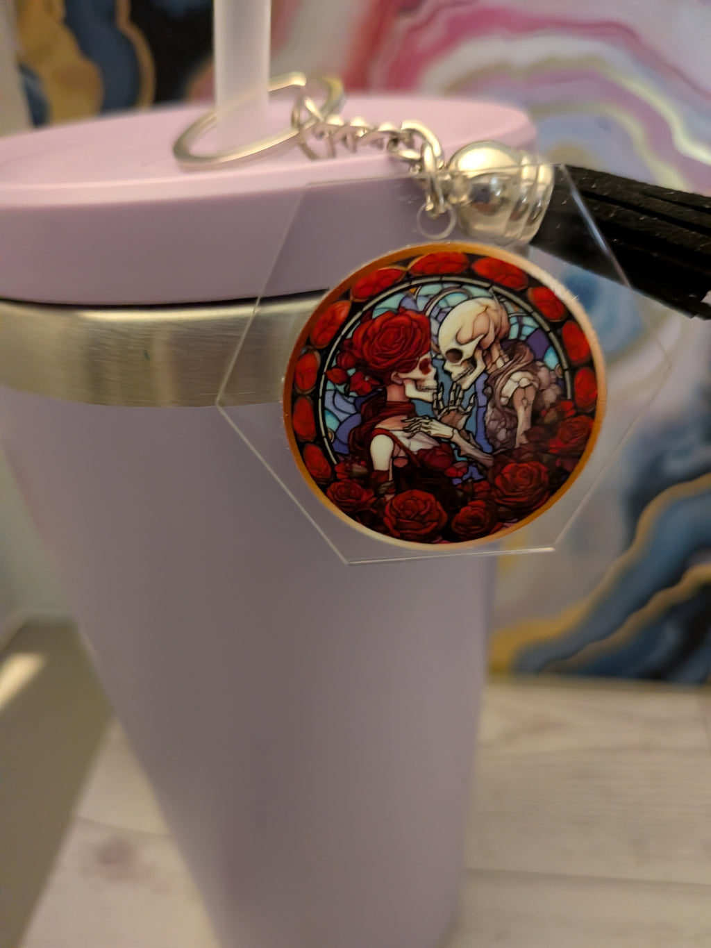 Goth stained glass acrylic keychain with suede tassel
