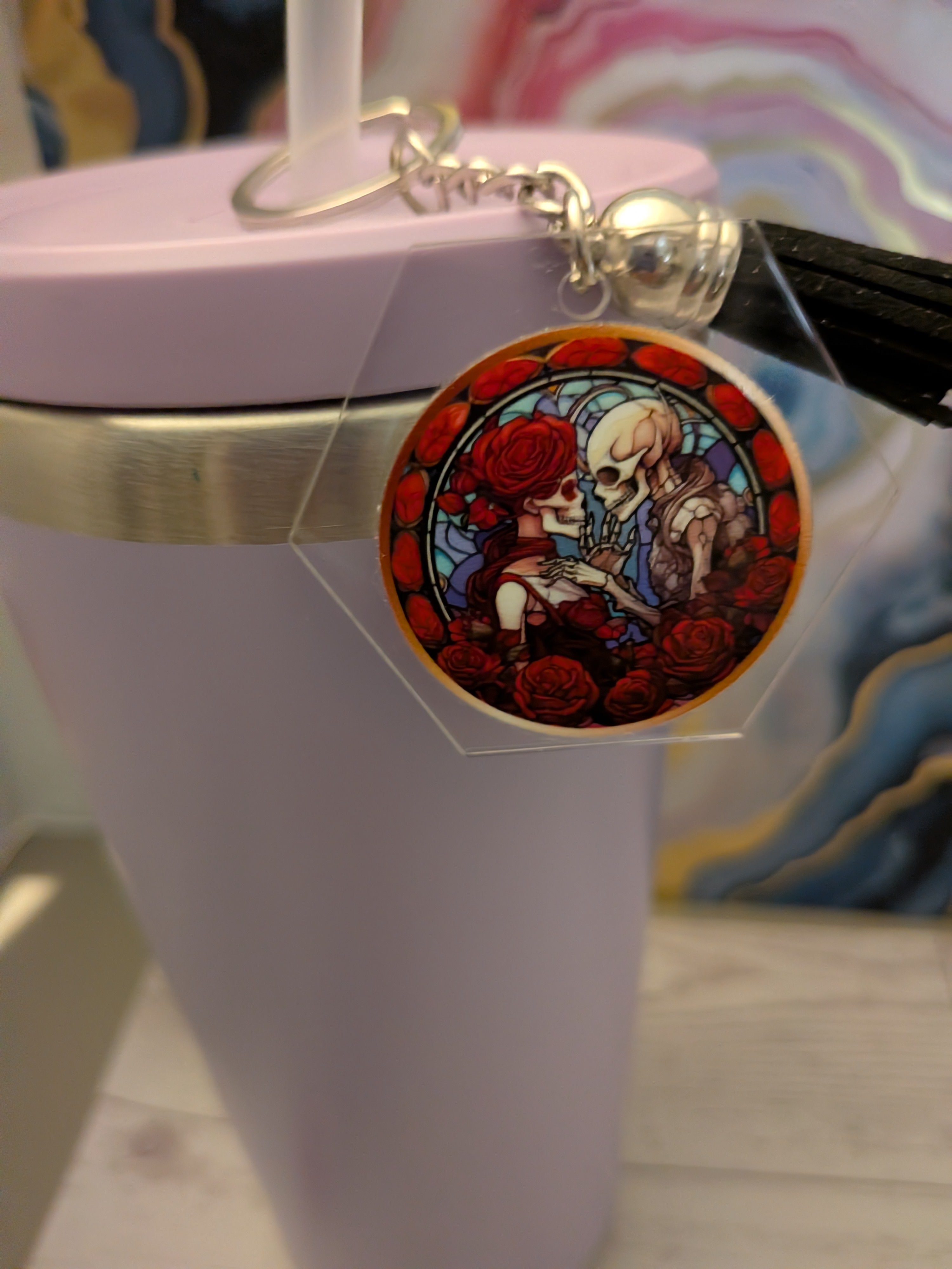 Goth stained glass acrylic keychain with suede tassel